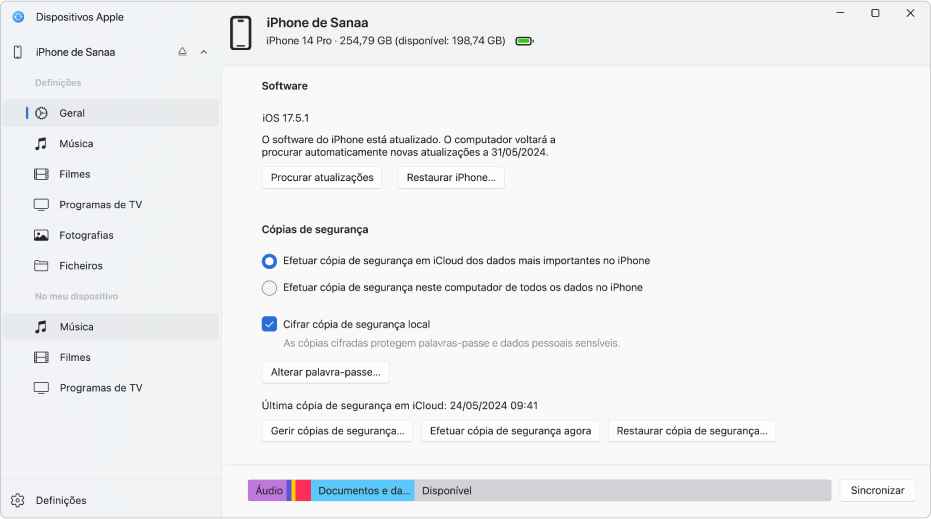 A janela de Dispositivos Apple a mostrar software, cópia de segurança e outras opções.