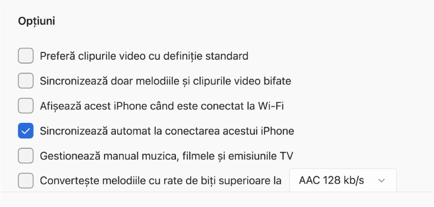 Opțiunile pentru sincronizarea dispozitivului Apple și a dispozitivului Windows. Opțiunea “Sincronizează automat la conectarea acestui iPhone” este bifată.