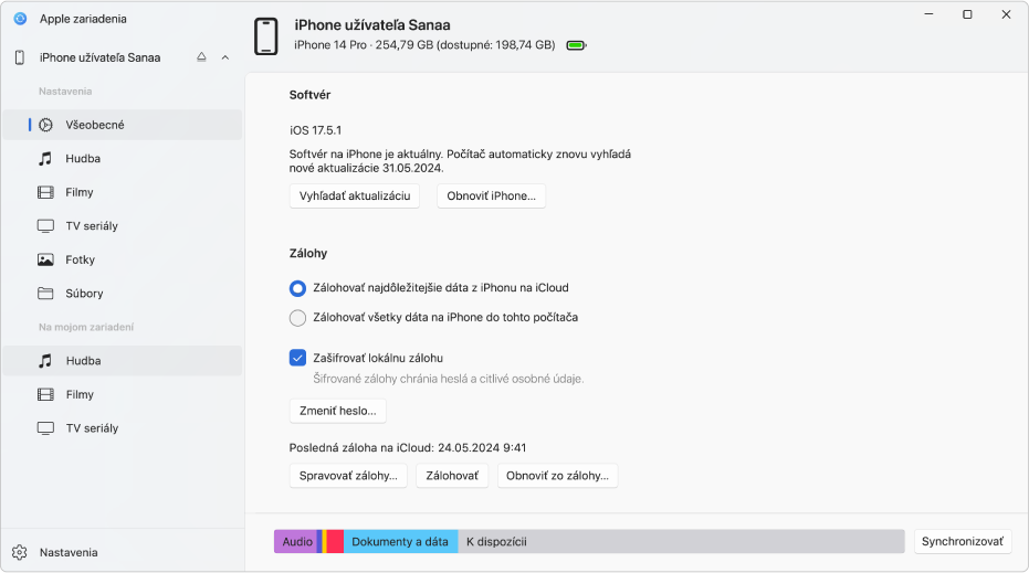 Hlavné okno apky Apple Devices zobrazujúce možnosti softvéru, zálohovania a ďalšie.