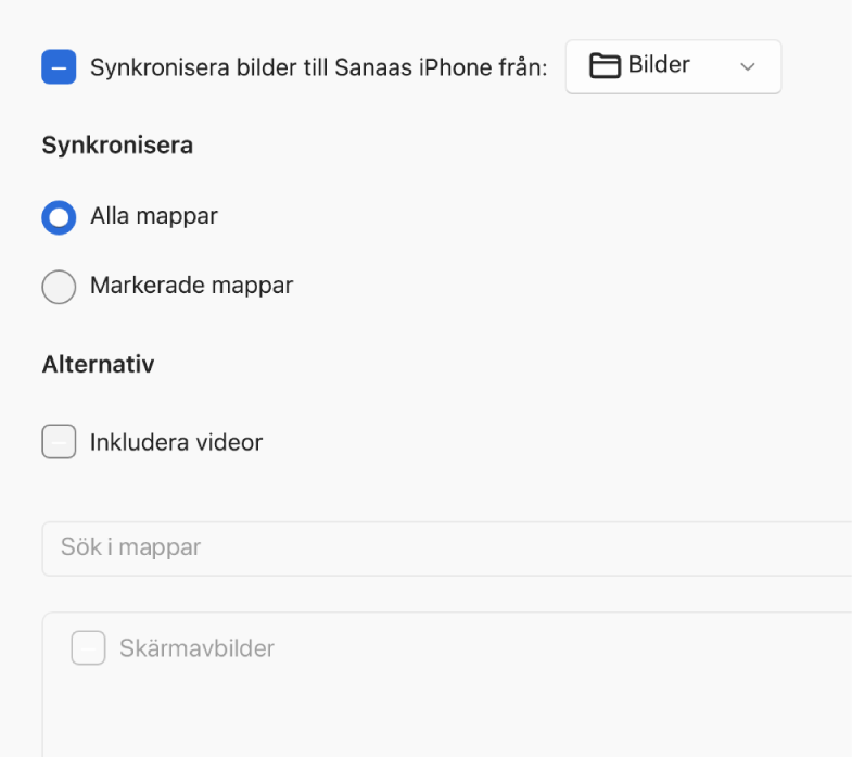Radioknapparna Alla bilder och album och Markerade album visas. Kryssrutorna Endast favoriter, Inkludera videor och Inkludera automatiskt bilder från finns under.