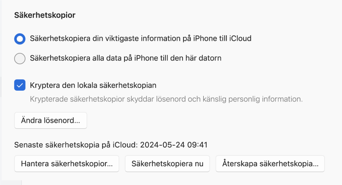 Ett Apple Devices-fönster visar alternativ för säkerhetskopiering och återskapning av en Apple-enhet.