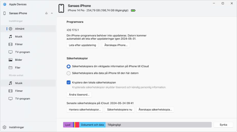 Huvudfönstret i Apple Devices visar programvara, säkerhetskopiering och andra alternativ.
