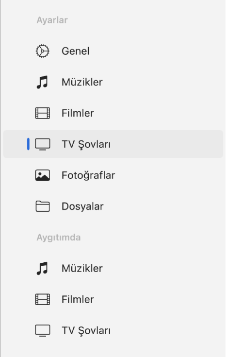 TV Şovları’nı seçili olarak gösteren kenar çubuğu.