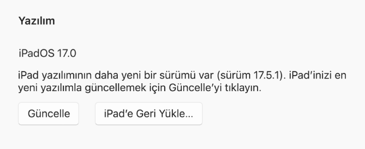 “Güncelle” düğmesi, “Aygıtı geri yükle” düğmesinin yanında görünür.