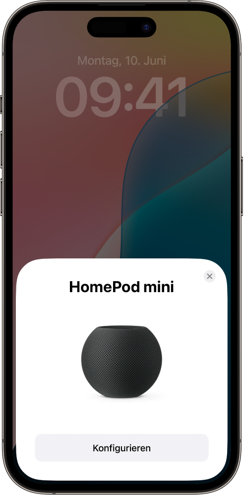 Der Konfigurationsbildschirm wird angezeigt, wenn du dein iPhone oder iPad nahe an den HomePod hältst.