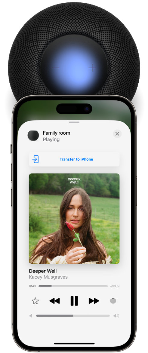 An iPhone near the top of HomePod. On the iPhone screen, the Transfer to iPhone button appears above the song playing on HomePod.