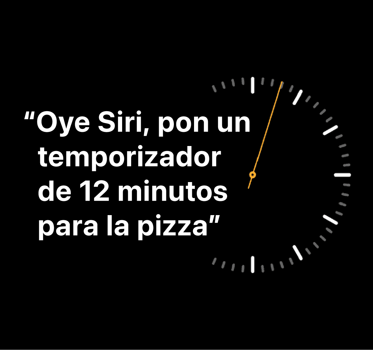 Una ilustración que muestra las palabras "Oye Siri, pon un temporizador de 12 minutos para la pizza"