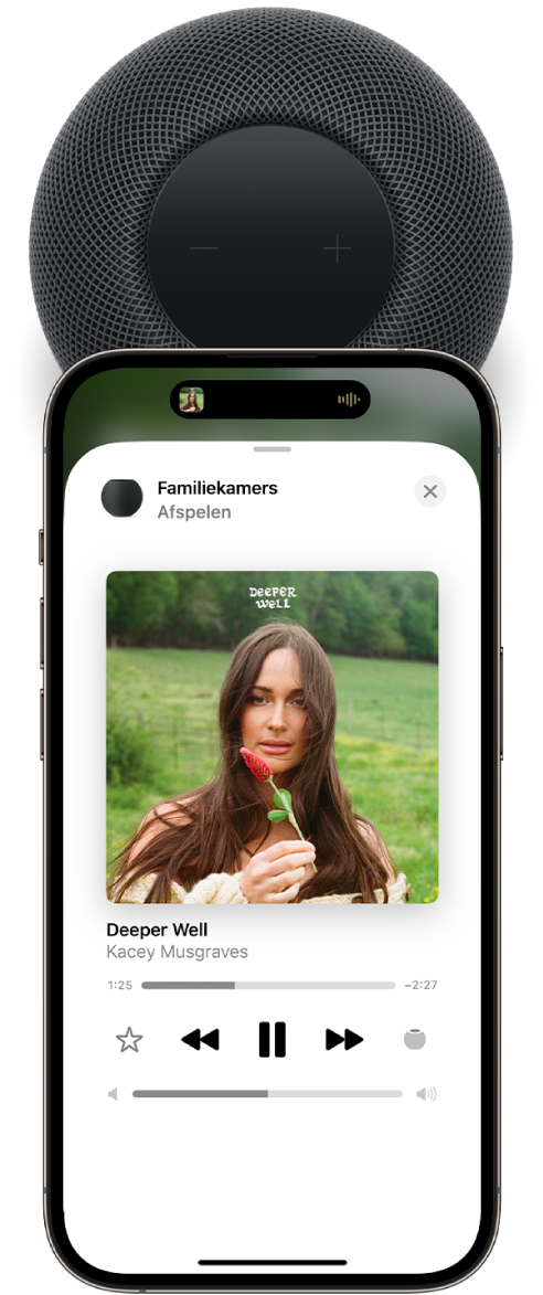 Een iPhone bij de bovenkant van de HomePod. Op het iPhone-scherm wordt een nummer afgespeeld dat naar de HomePod is overgezet.
