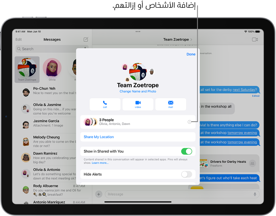 iPad به تفاصيل المحادثة لمجموعة ما.