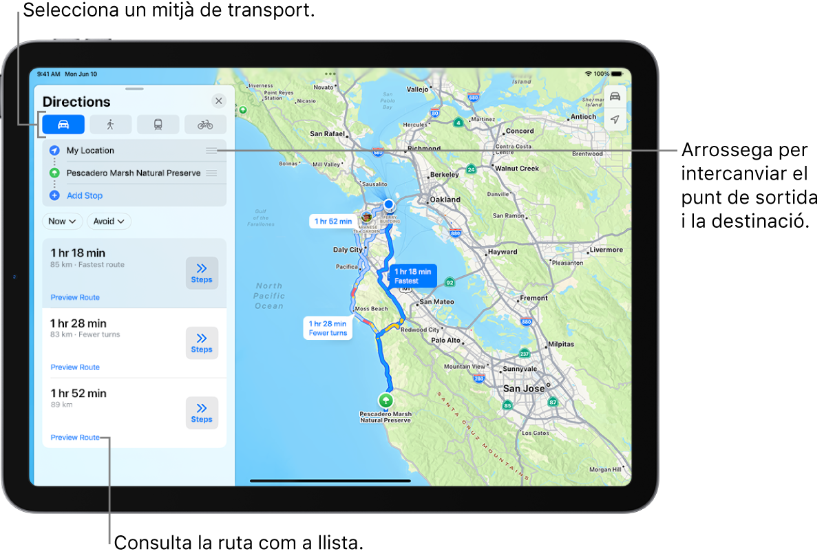 Un mapa en què es mostren diverses rutes possibles per anar en cotxe entre “La meva ubicació” i una destinació.