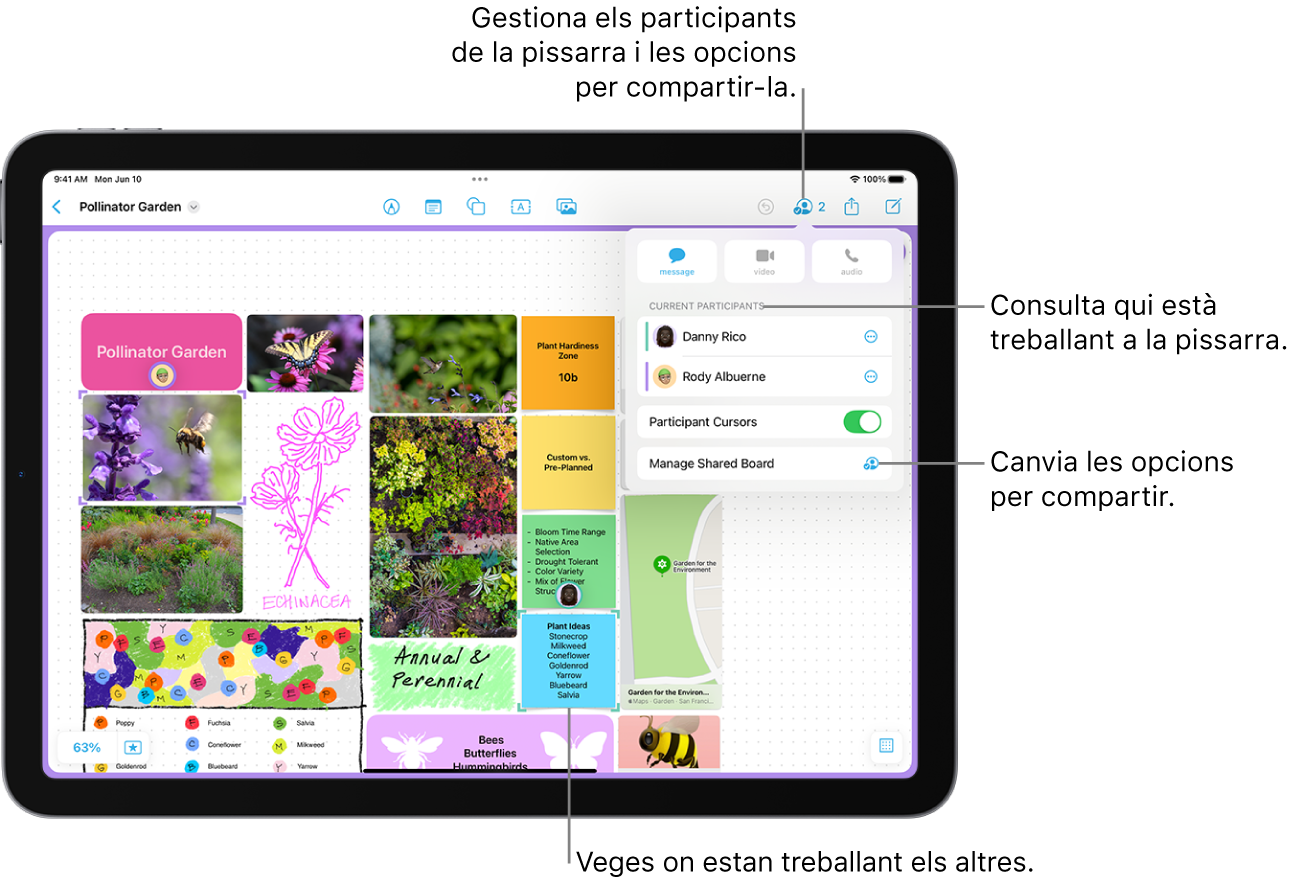 Una pissarra compartida de l’app Freeform de l’iPad amb el menú de col·laboració obert i la ubicació d’un altre participant a la pissarra marcada amb marques liles.