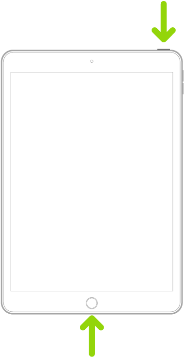 Un iPad amb botó d’inici. Les fletxes assenyalen el botó d’inici i el botó superior.