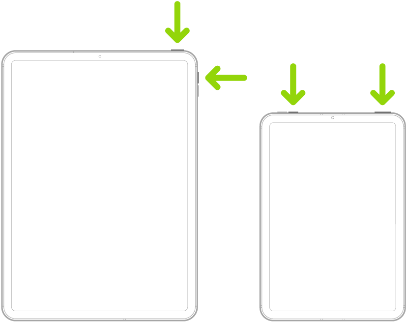 Dos models de l’iPad. Tots dos tenen un boto superior, un model d’iPad té botons de volum en un lateral i l’altre els té a la part superior. Les fletxes assenyalen els botons superiors i els botons de volum.