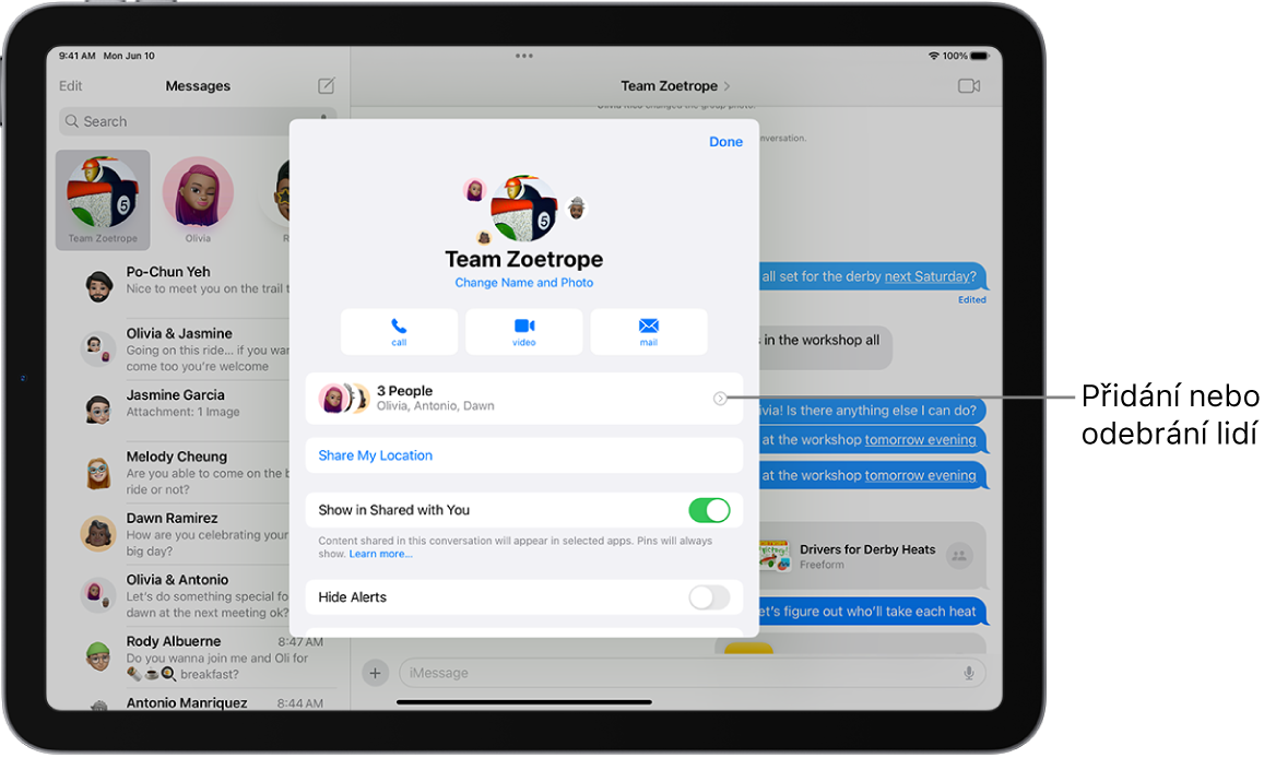 iPad s podrobnostmi o skupinové konverzaci