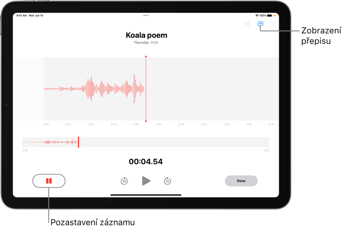 V aplikaci Diktafon se během nahrávání zobrazuje vlnový průběh pořizovaného záznamu spolu s ukazatelem času a tlačítky pro pozastavení záznamu a zobrazení přepisu