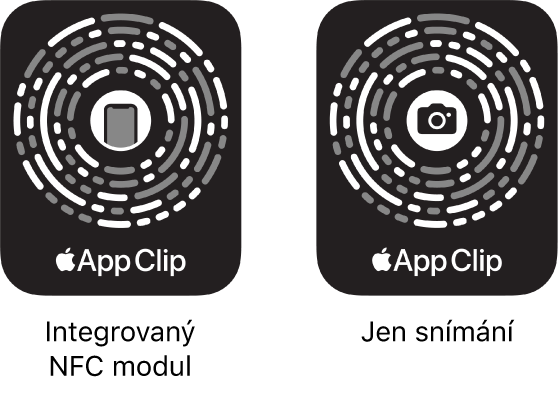 Vlevo kód klipu aplikace s integrovaným NFC tagem, který je uprostřed označený ikonou iPhonu. Vpravo kód klipu aplikace určený jen k optickému snímání, který je uprostřed označený ikonou fotoaparátu.