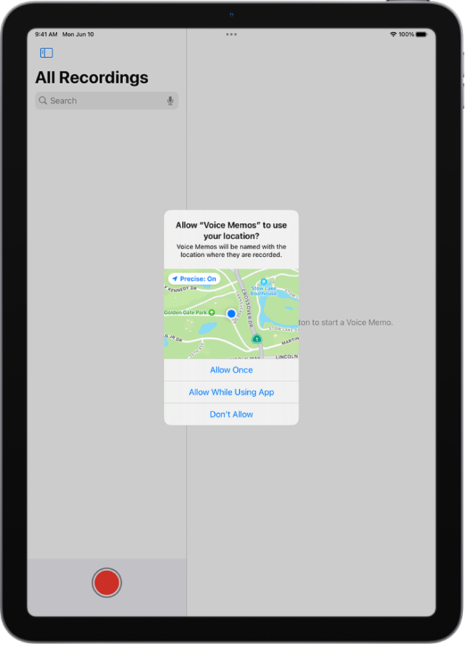 En anmodning fra en app om at bruge lokalitetsdata på iPad. Valgmulighederne er Tillad en gang, Tillad, mens du bruger app og Tillad ikke.