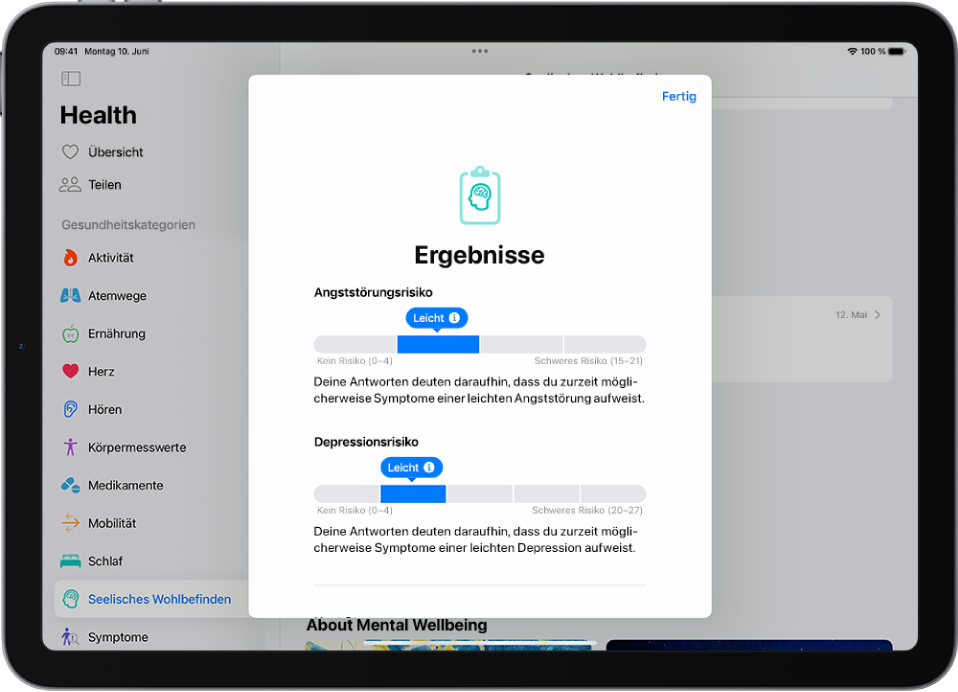 Ein Bildschirm mit den Ergebnissen eines Fragebogens zur psychischen Gesundheit in der App „Health“.