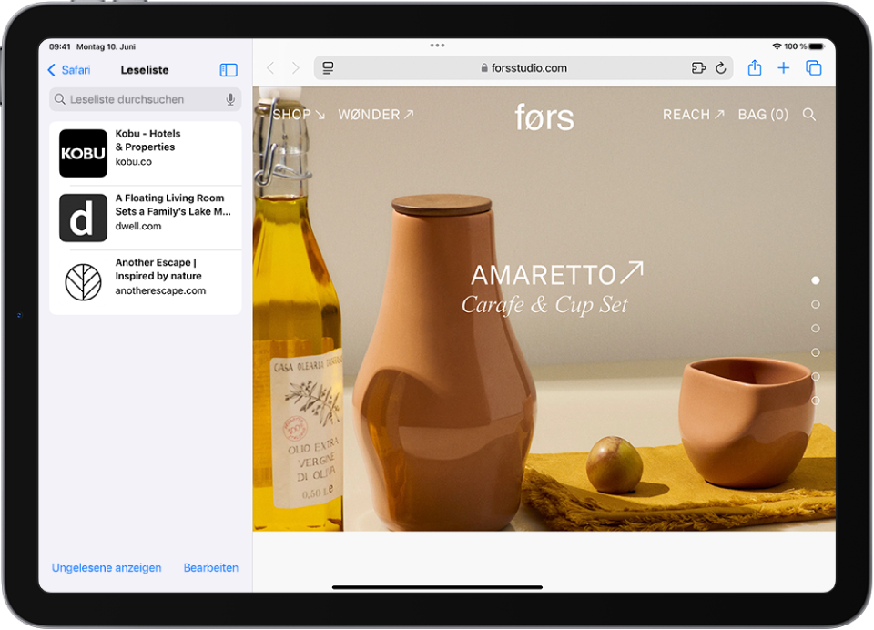 In Safari ist in der Seitenleiste auf der linken Seite die Leseliste geöffnet. Sie zeigt eine Liste der Websites an, die in dieser Liste gesichert wurden.