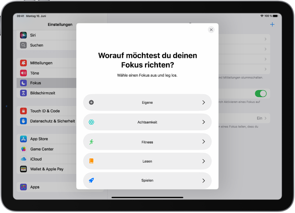 Ein Bildschirm zur Fokus-Konfiguration für eine der zusätzlich bereitgestellten Fokus-Optionen wie „Eigener“, „Fitness“, „Spielen“, „Achtsamkeit“ und „Lesen“.