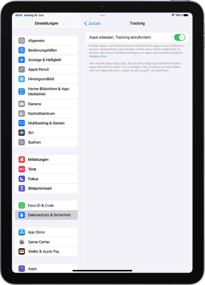 Der Bildschirm „Tracking“ mit einer Einstellung, die festlegt, ob Apps anfordern dürfen, dich über Websites und Apps anderer Unternehmen hinweg zu tracken.