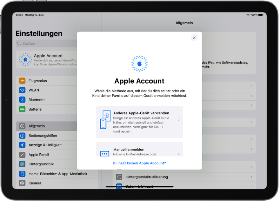 Der Bildschirm „Einstellungen“ mit dem Apple Account-Anmeldedialog in der Bildschirmmitte.