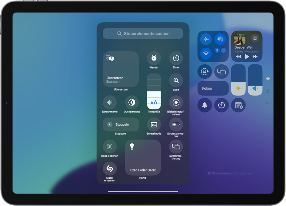 Ein Bildschirm mit den Steuerelementen, die du zum Kontrollzentrum hinzufügen kannst, wie z. B. „Textgröße“, „Dunkelmodus“ und „Schnellnotiz“.