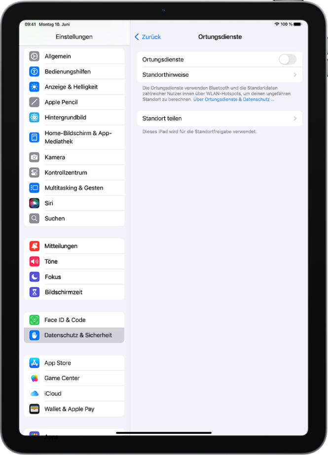 Der Bildschirm „Ortungsdienste“ mit Einstellungen für die Freigabe des Standorts deines iPad für Apps.