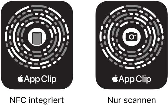 Links ist ein NFC-integrierter App Clip-Code mit einem iPhone-Symbol in der Mitte zu sehen. Rechts ist ein scanbarer App Clip-Code mit einem Kamerasymbol in der Mitte zu sehen.