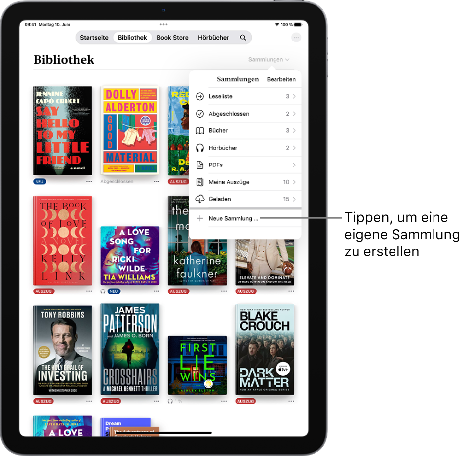 Der Bildschirm „Bibliothek“ in der App „Bücher“. Oben auf dem Bildschirm ist das Menü „Sammlungen“ geöffnet und zeigt Optionen, wie z. B. „Hörbücher“ und „PDFs“.