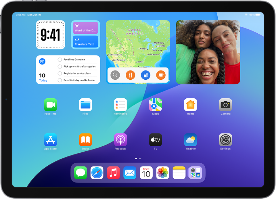 Μια προσαρμοσμένη οθόνη Αφετηρίας του iPad με widget στο πάνω μέρος για το Ρολόι, τη Μετάφραση, τις Υπομνήσεις, τους Χάρτες και τις Φωτογραφίες.