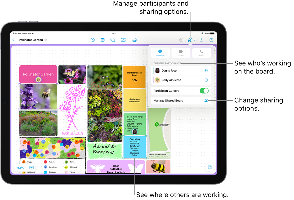 A shared Freeform board on iPad with the collaboration menu open and the location of another participant on the board marked with purple tick marks.