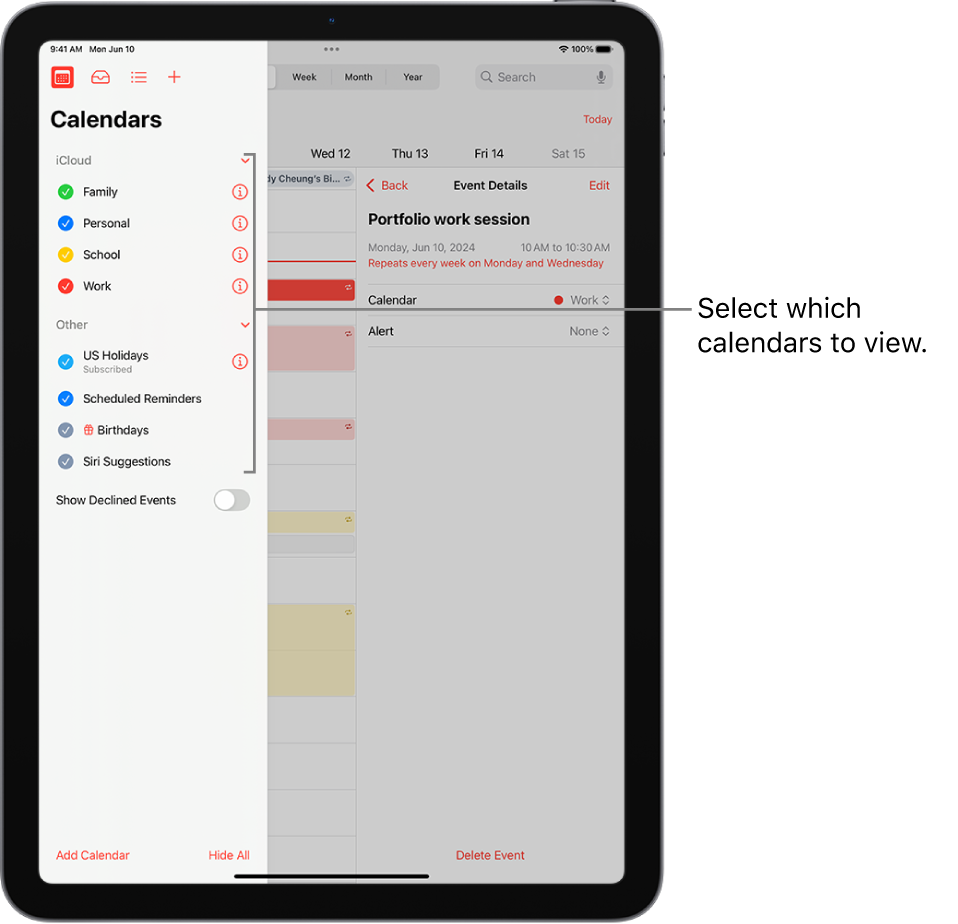 The Calendars list, with checkmarks indicating which calendars are active. The Done button for closing the list is in the top-right corner. The Add Calendar button is in the bottom-left corner.