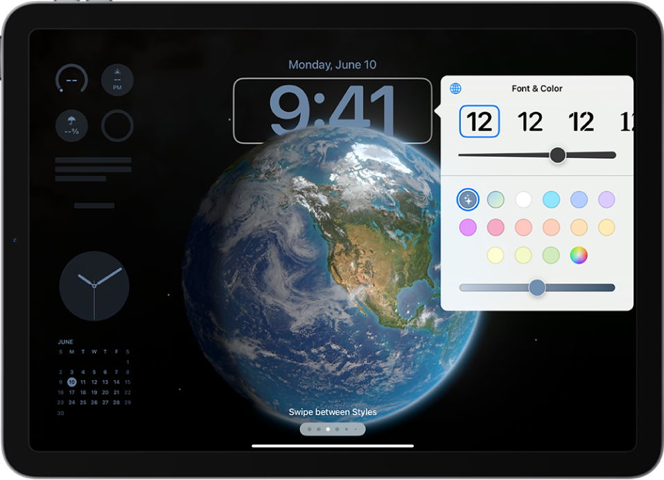 The iPad Lock Screen with a photo of the Earth filling it. On the left side are widgets for Clock, Calendar, Reminders, Weather, and the Apple Pencil battery.