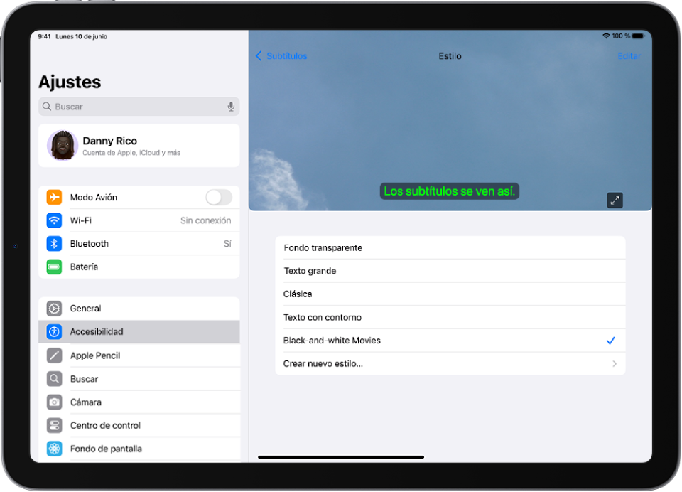 iPad con un ejemplo de subtítulos con un estilo personalizado.