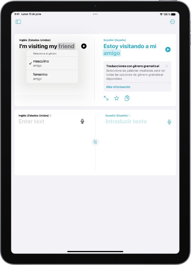 Pestaña Traducción con una frase traducida del inglés al español y, debajo, una palabra resaltada en gris con diferentes variaciones de género.