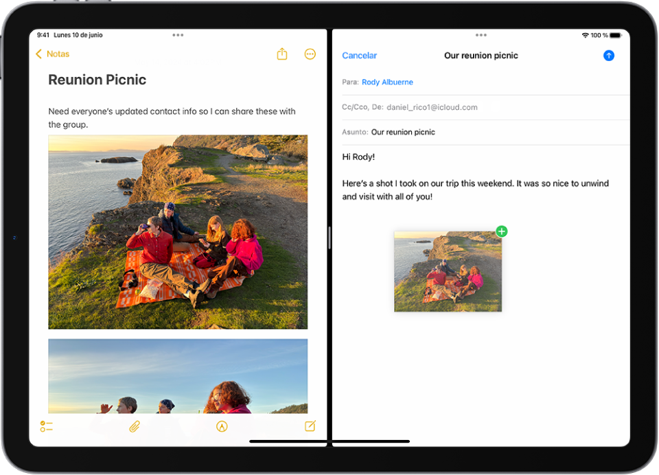 Split View con la app Notas abierta a la izquierda y un correo electrónico abierto a la derecha. Una fotografía de Notas se arrastra al correo electrónico.