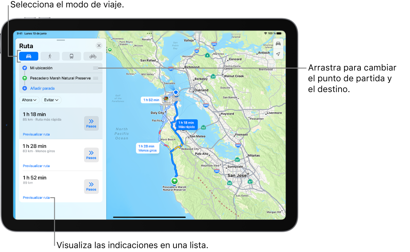 Un mapa con varias rutas posibles para viajar en coche desde “Mi ubicación” hasta un destino.