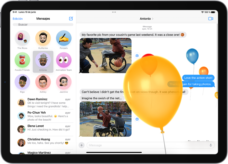 Animación de globos a pantalla completa en una conversación de la app Mensajes.