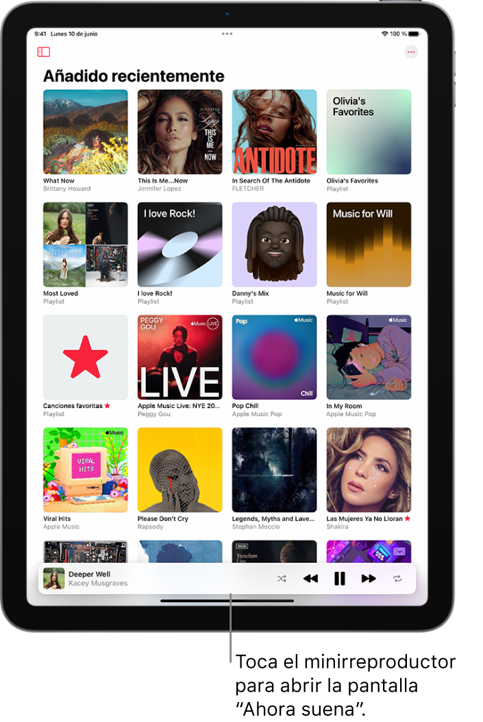 Pantalla “Recién añadidas” de la Biblioteca con el minirreproductor cerca de la parte interior. El minirreproductor muestra el título de la canción que se está reproduciendo. Los botones Pausa y “Pista siguiente” están a la derecha del título de la canción.