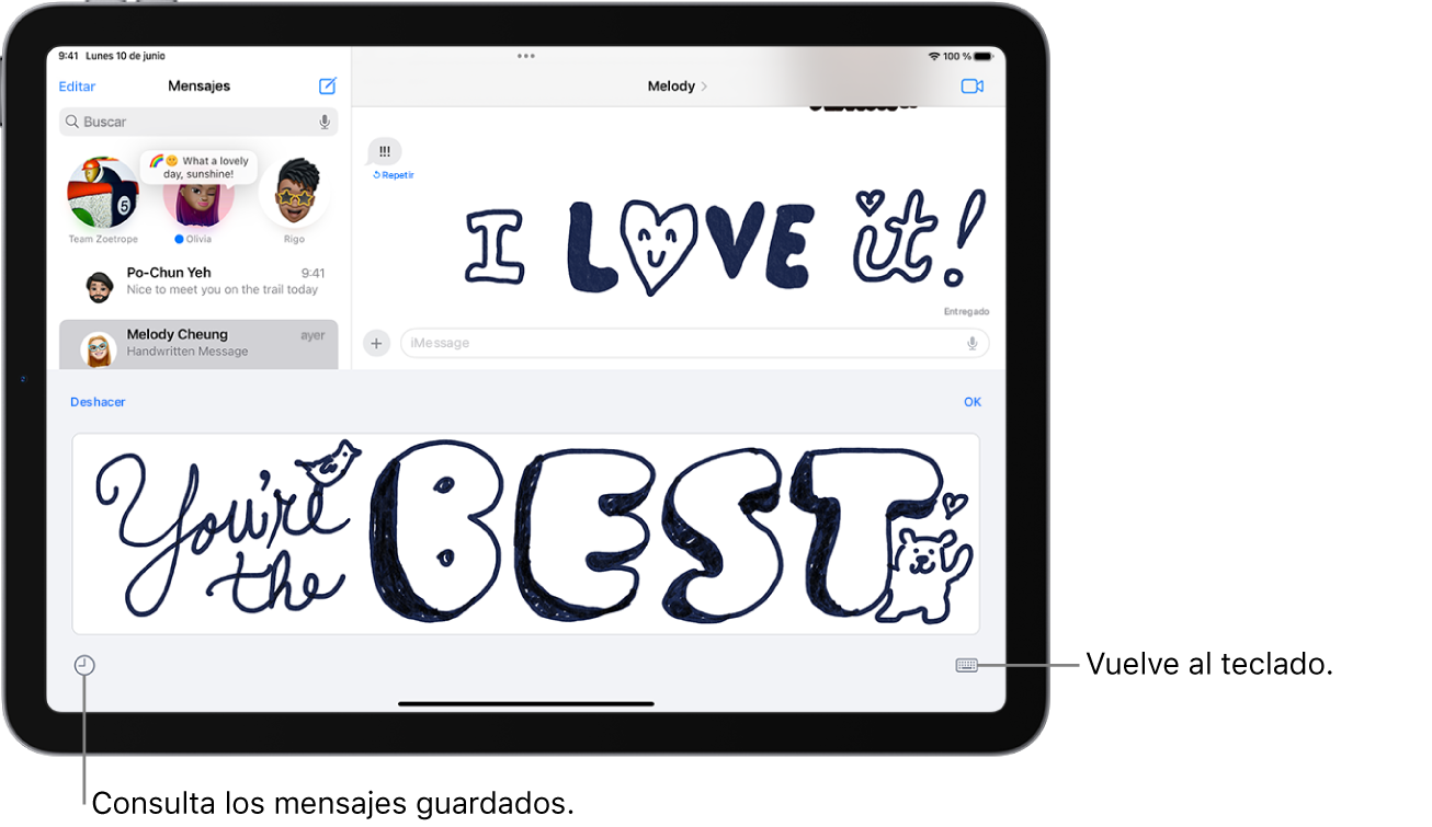El lienzo para componer un mensaje escrito a mano. Abajo a la izquierda hay un botón para ver los mensajes guardados y, abajo a la derecha, hay un botón para mostrar el teclado.