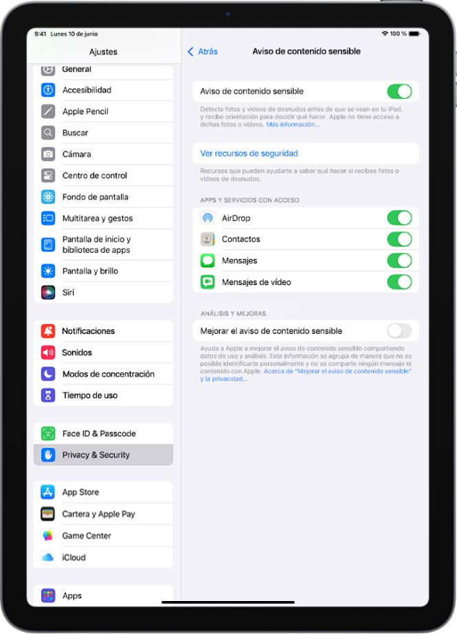 Ajustes para “Aviso de contenido sensible” con un enlace llamado “Ver recursos de seguridad” y un botón llamado “Mejorar el aviso de contenido sensible” para compartir los datos de uso y análisis con Apple.