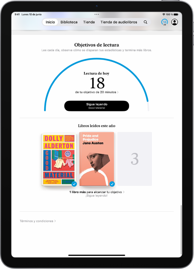 Pantalla “Objetivos de lectura” con las estadísticas del usuario: la lectura de hoy, registro de lectura de la semana y libros leídos este año.