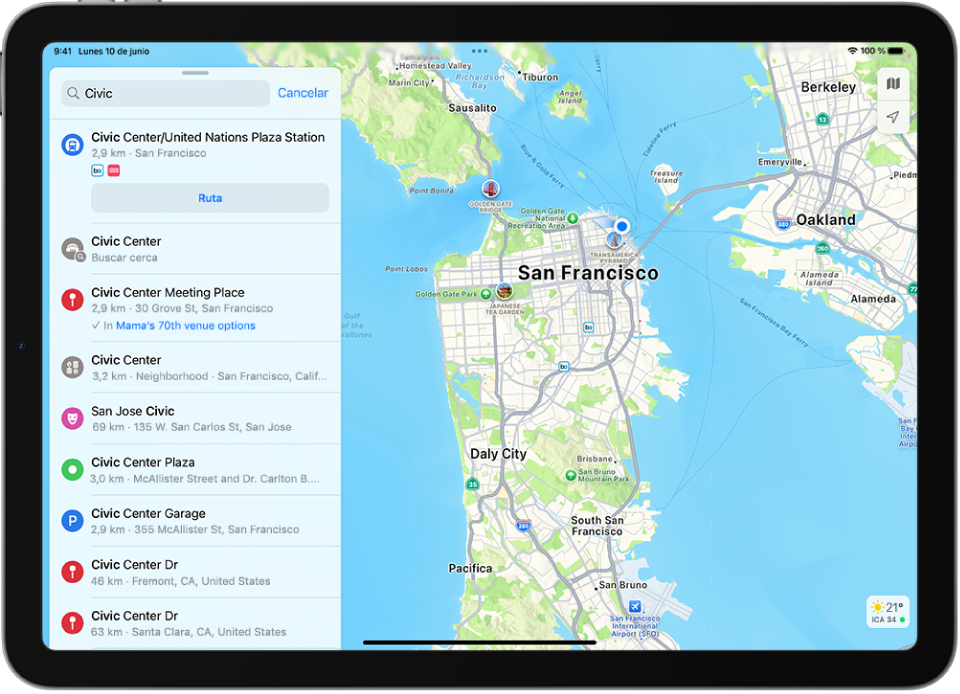 La app Mapas con un mapa de un área. En la parte superior izquierda está campo de búsqueda y, debajo, los resultados de una consulta de búsqueda.