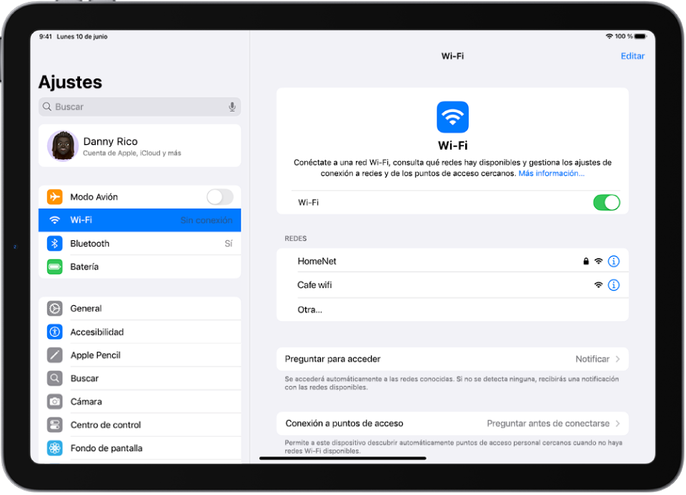 La pantalla Ajustes muestra las redes Wi-Fi disponibles.