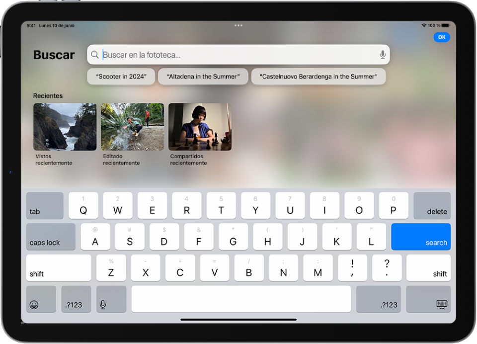 Pantalla Buscar en la app Fotos. En la parte superior de la pantalla aparece el campo de búsqueda y debajo de él están las sugerencias.