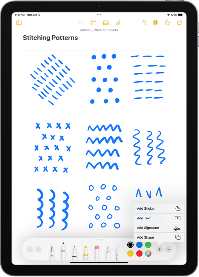 Rakenduses Notes on märkme allosas avatud Markup-tööriistariba ning ekraani alumises paremas nurgas on valitud nupp Add. Menüüs Add on saadaval järgmised valikud: Add Sticker, Add Text, Add Signature ja Add Shape.