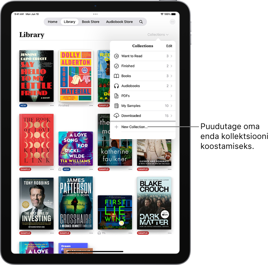 Rakenduse Books kuva Library. Ekraani ülaosas on avatud menüü Collections ning seal on sellised valikud nagu Audiobooks ja PDF-failid.