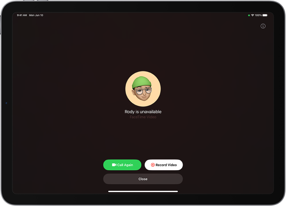 Kuva FaceTime, mis näitab, et kõnele vastaja pole saadaval. All on nupud Call Again ja Record Video.