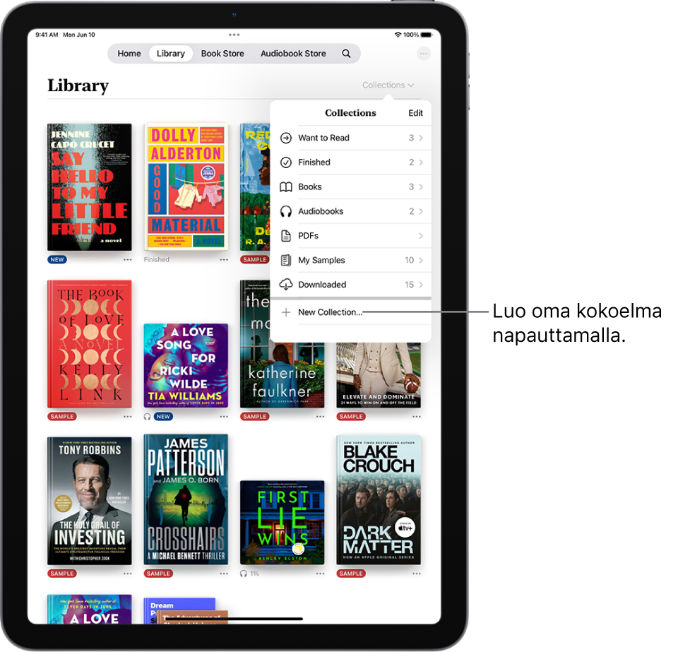 Kirjasto-välilehti Kirjat-apissa. Näytön yläreunassa näkyy avoinna oleva Kokoelmat-valikko, jossa näkyy valintoja, kuten Äänikirjat ja PDF:t.